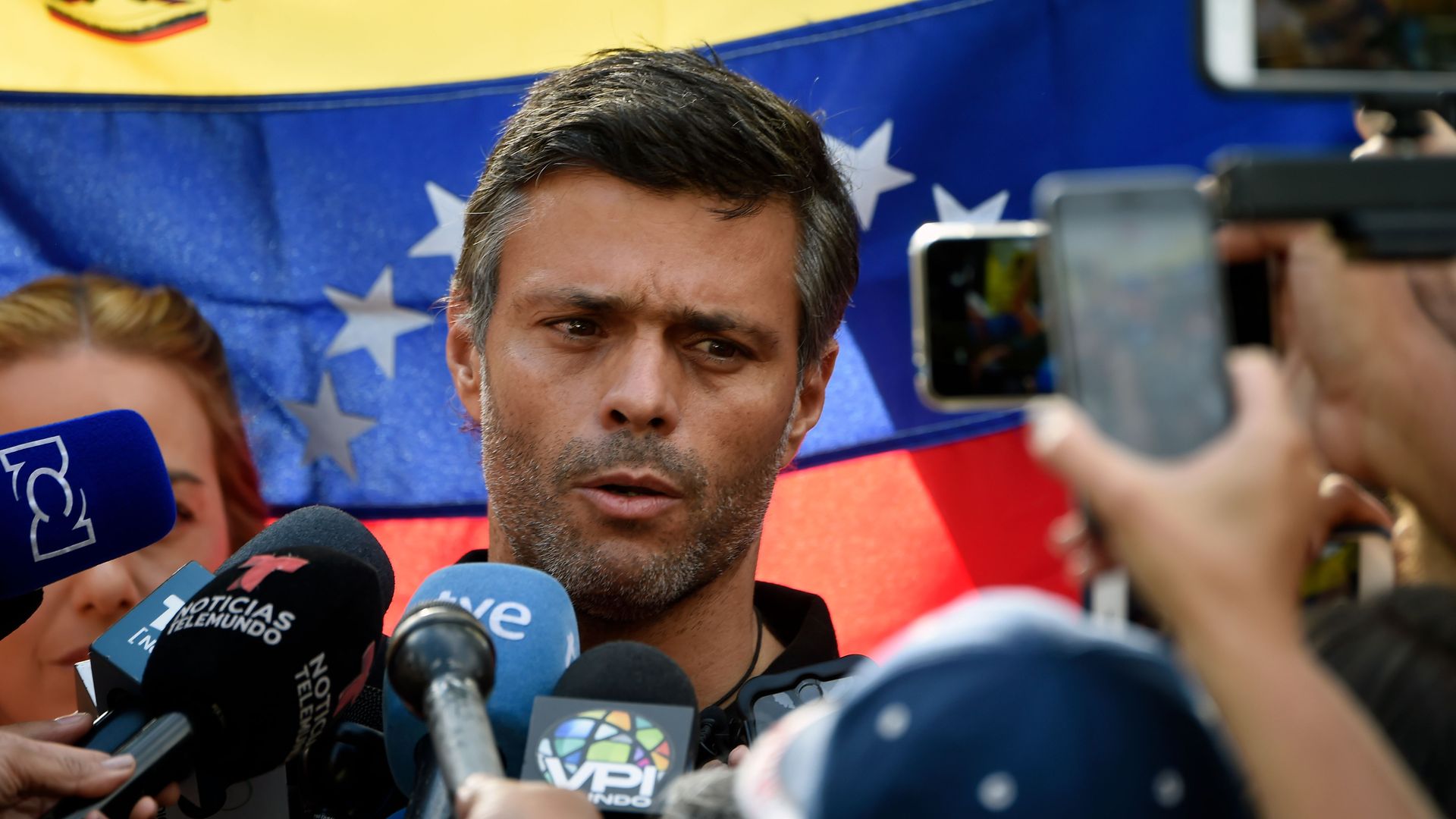Venezuelan high-profile opposition politician Leopoldo Lopez speaks outside the Spanish embassy in Caracas, on May 2, 2019
