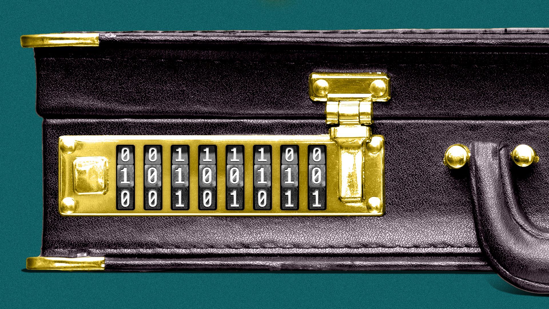 Illustration of a briefcase with a binary code combination lock with ones and and zeroes for options. 