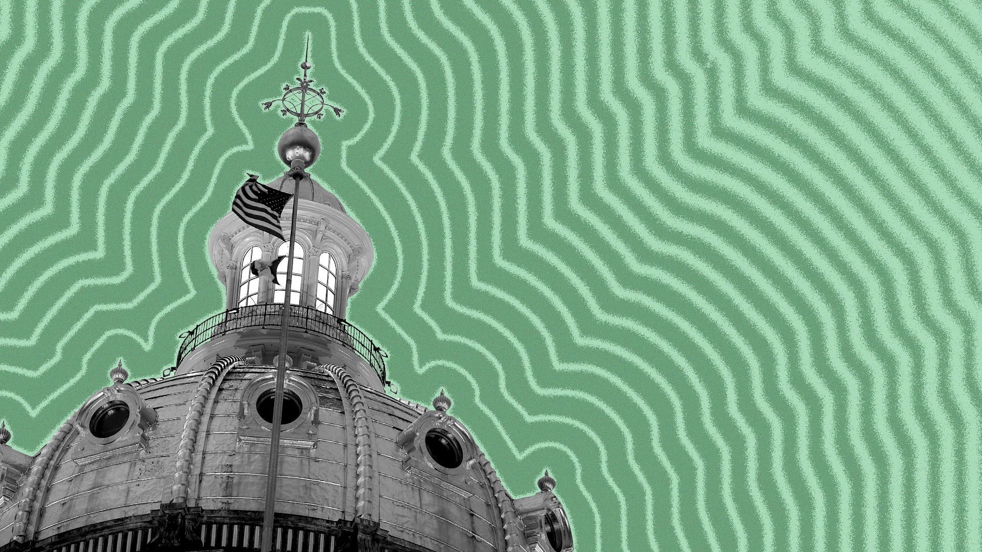 Illustration of the Iowa State Capitol building with lines radiating from it.