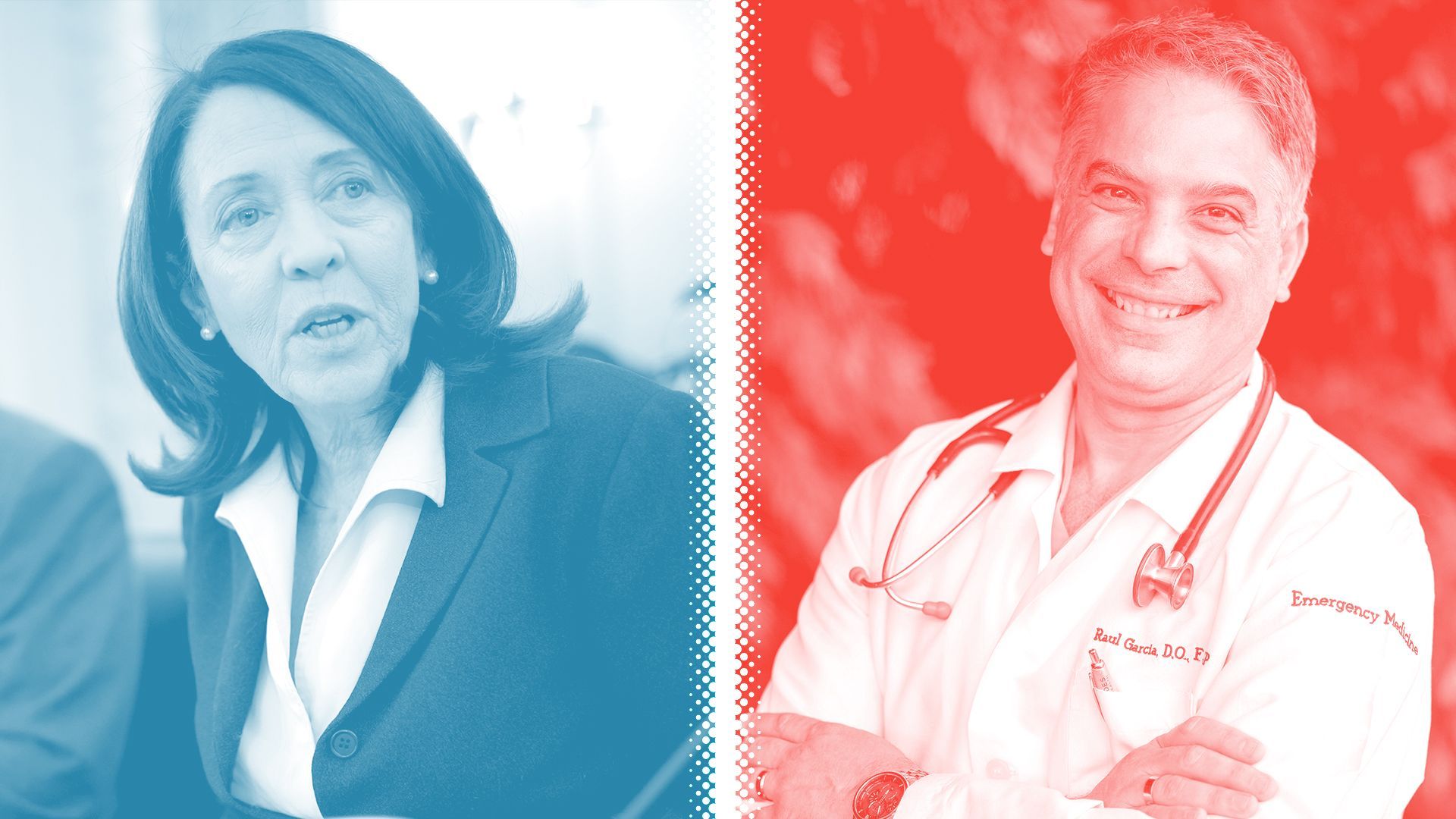 Photo illustration of Maria Cantwell and Raul Garcia. 