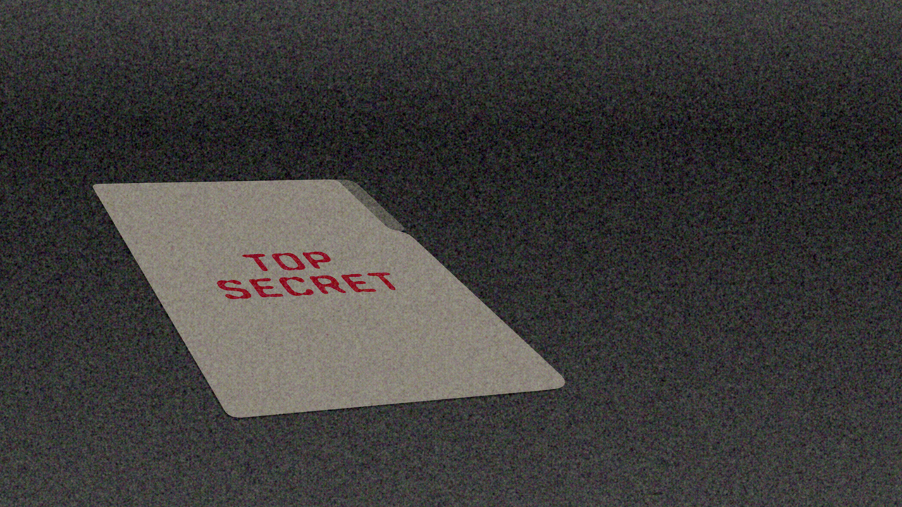 Animated illustration of a manila folder labeled top secret that gets opened from the inside by the green hand of an alien, who then sticks its head out and looks back and forth before looking straight ahead and squinting.