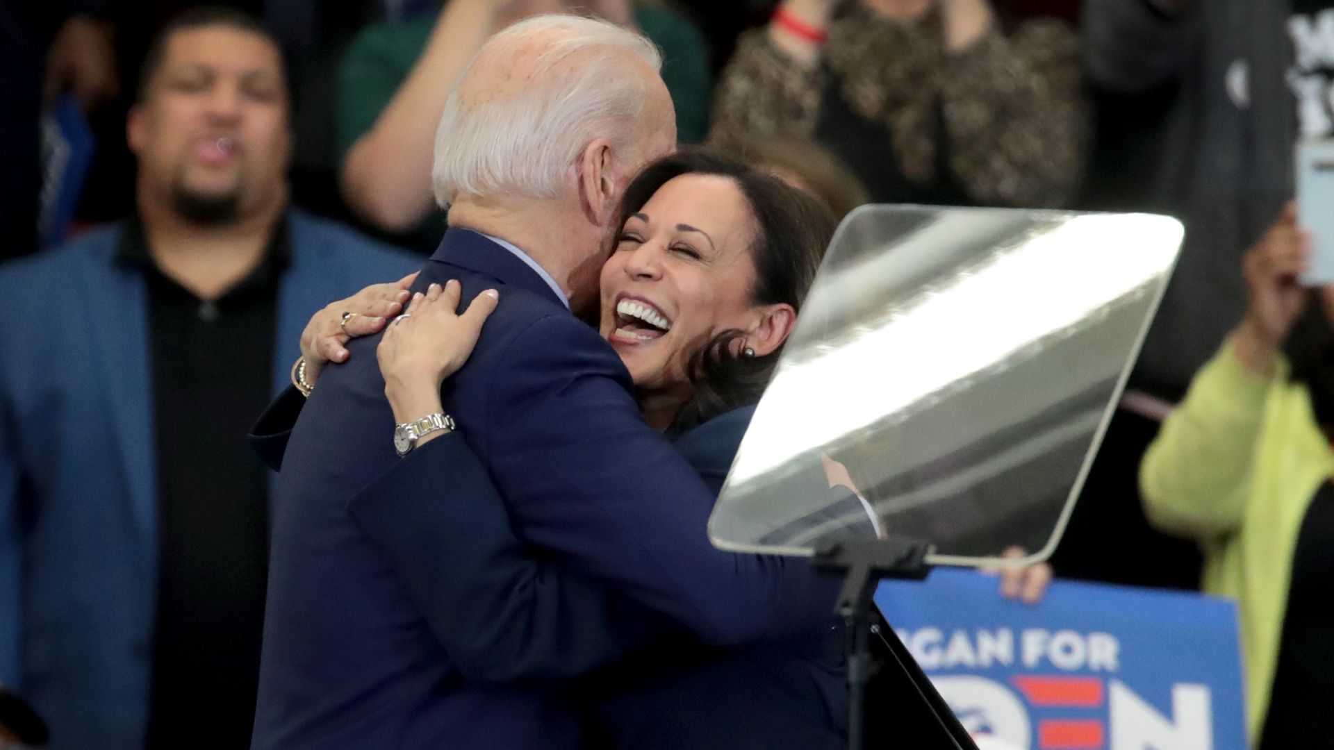 Sen. Kamala Harris hugs Democratic presidential candidate Joe Biden after introducing him at a campaign rally at Renaissance High School on March 09, 2020 in Detroit, Michigan. 