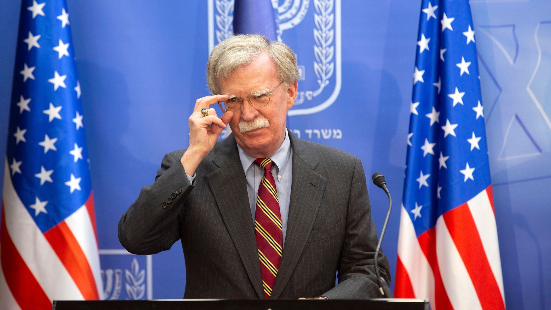 Then-national security adviser John Bolton gives a press conference in Jerusalem on August 20, 2018.
