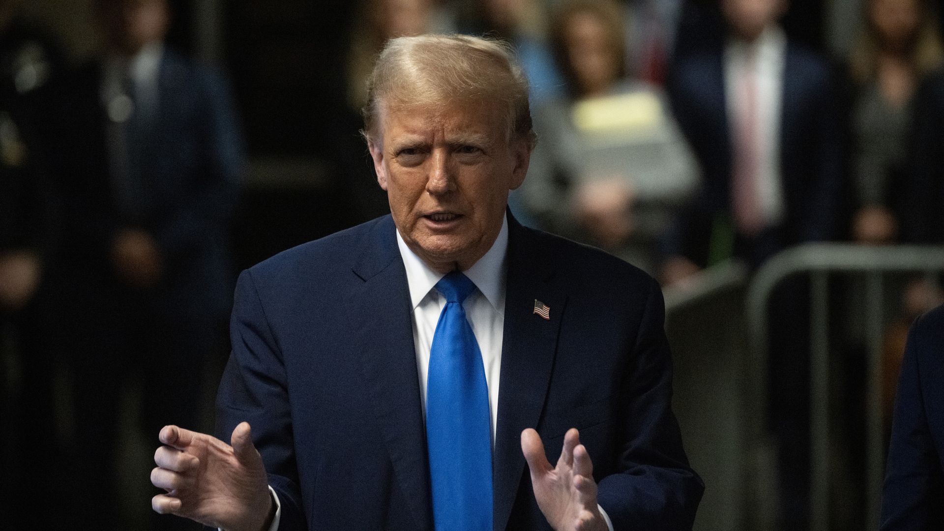 : Former U.S. President Donald Trump speaks to the media at the end of the day at Manhattan Criminal Court during his trial for allegedly covering up hush money payments on April 22, 2024 in New York City.