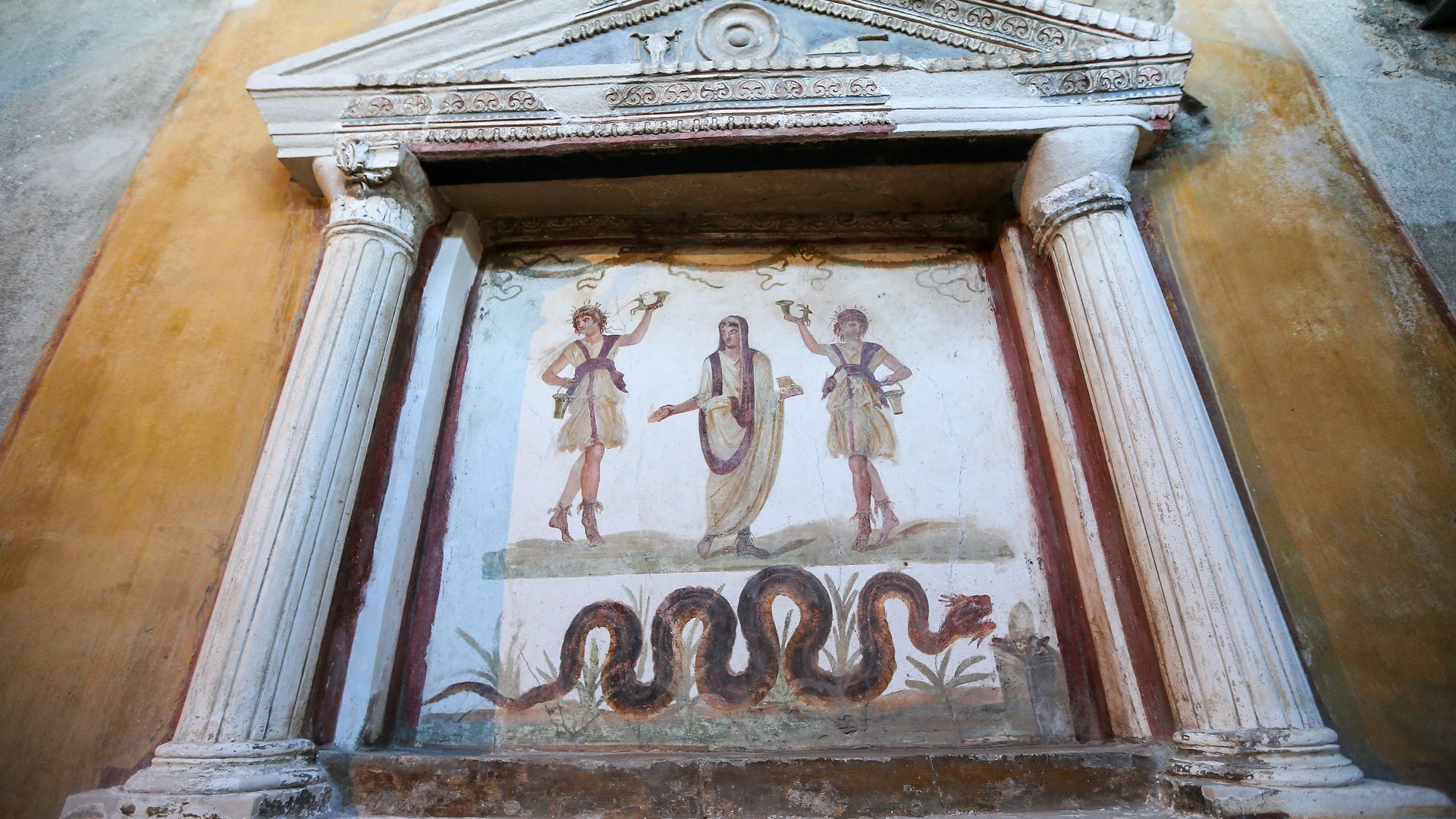 A fresco in the house of the Vettii, in the archaeological excavations of Pompeii, reopened to the public after the restoration. 