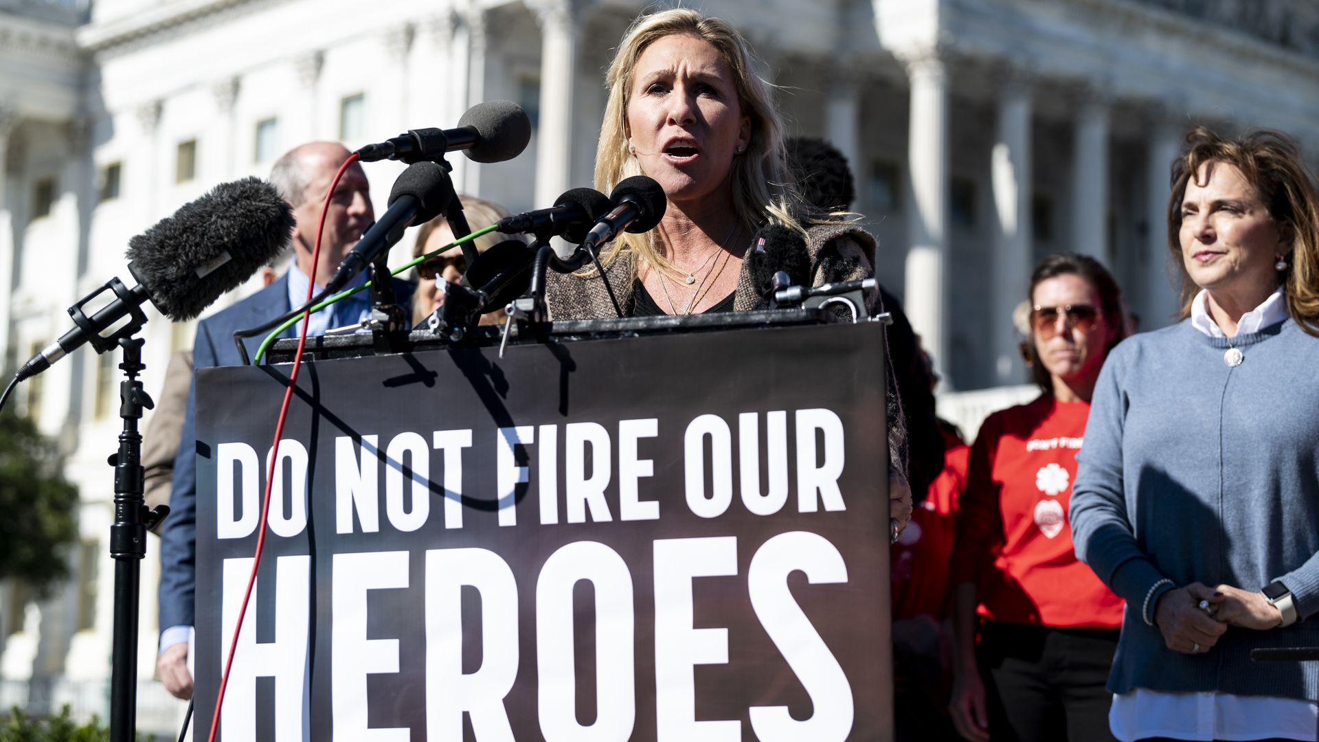 Rep. Marjorie Taylor Greene is seen speaking outside the U.S. Capitol.