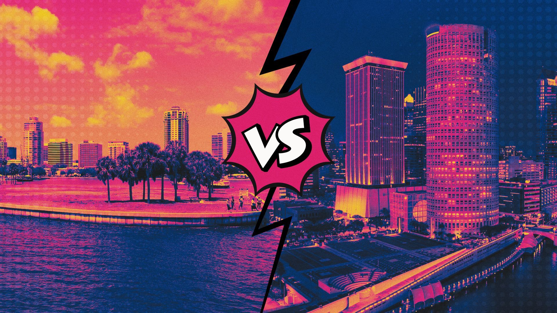 Illustration of St. Pete and Tampa Bay next to eeach other with "vs." in between.