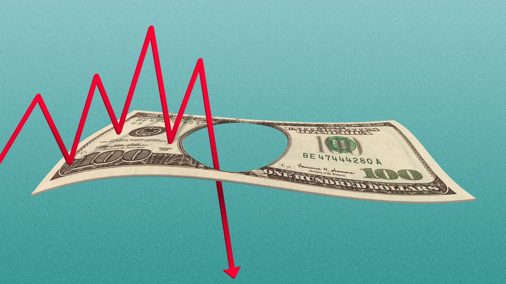 Illustration of a stock trend line falling down through a hole in a one hundred dollar bill