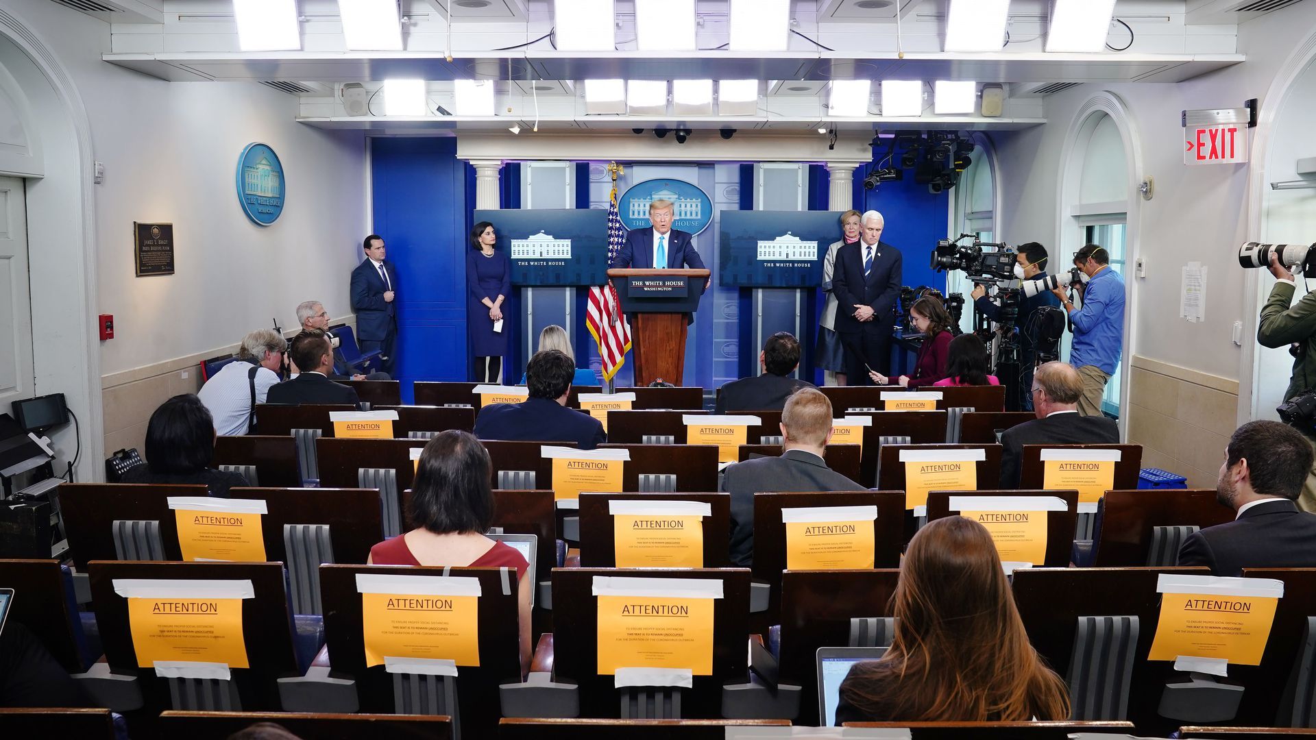 The socially distanced briefing room yesterday. 