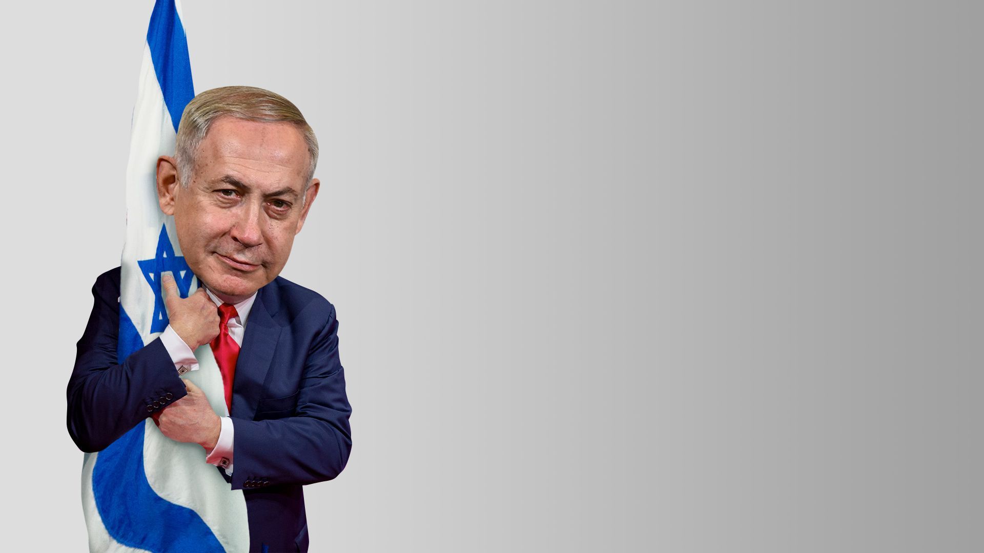 Photo illustration of Netanyahu hugging an Israeli flag à la Trump. 