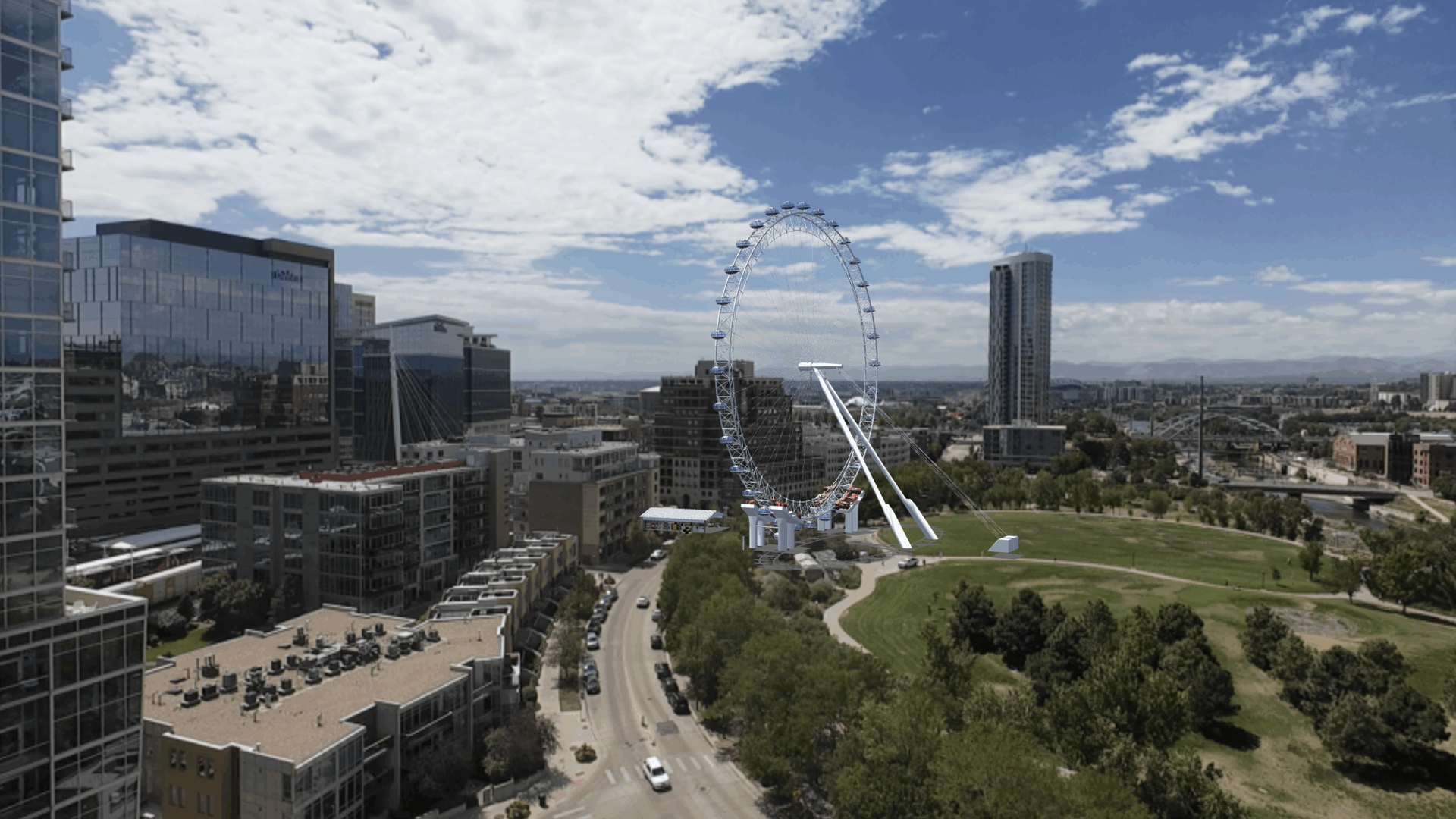 A rendering of a white, glass-encased Ferris wheel in downtown Denver, soaring 500 feet high above the city skyline.