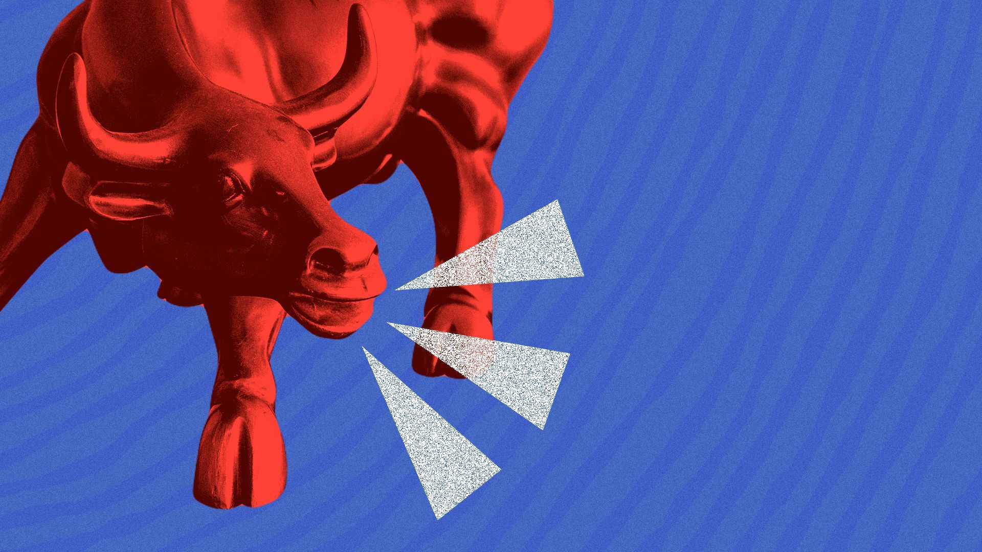 Illustration of a shouting wall street bull on a repeating background pattern. 