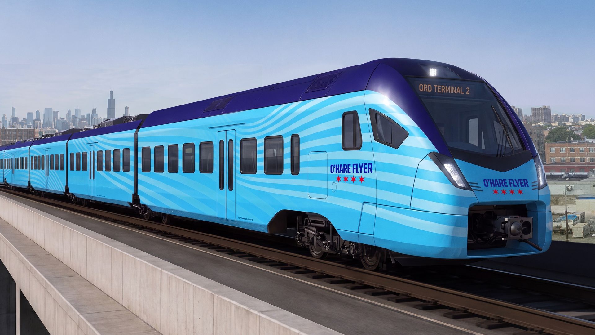 Blue and light-blue striped passenger train on an elevated track with a city skyline in the background; front displays "ORD TERMINAL 2" and side shows "O'HARE FLYER" with red stars.