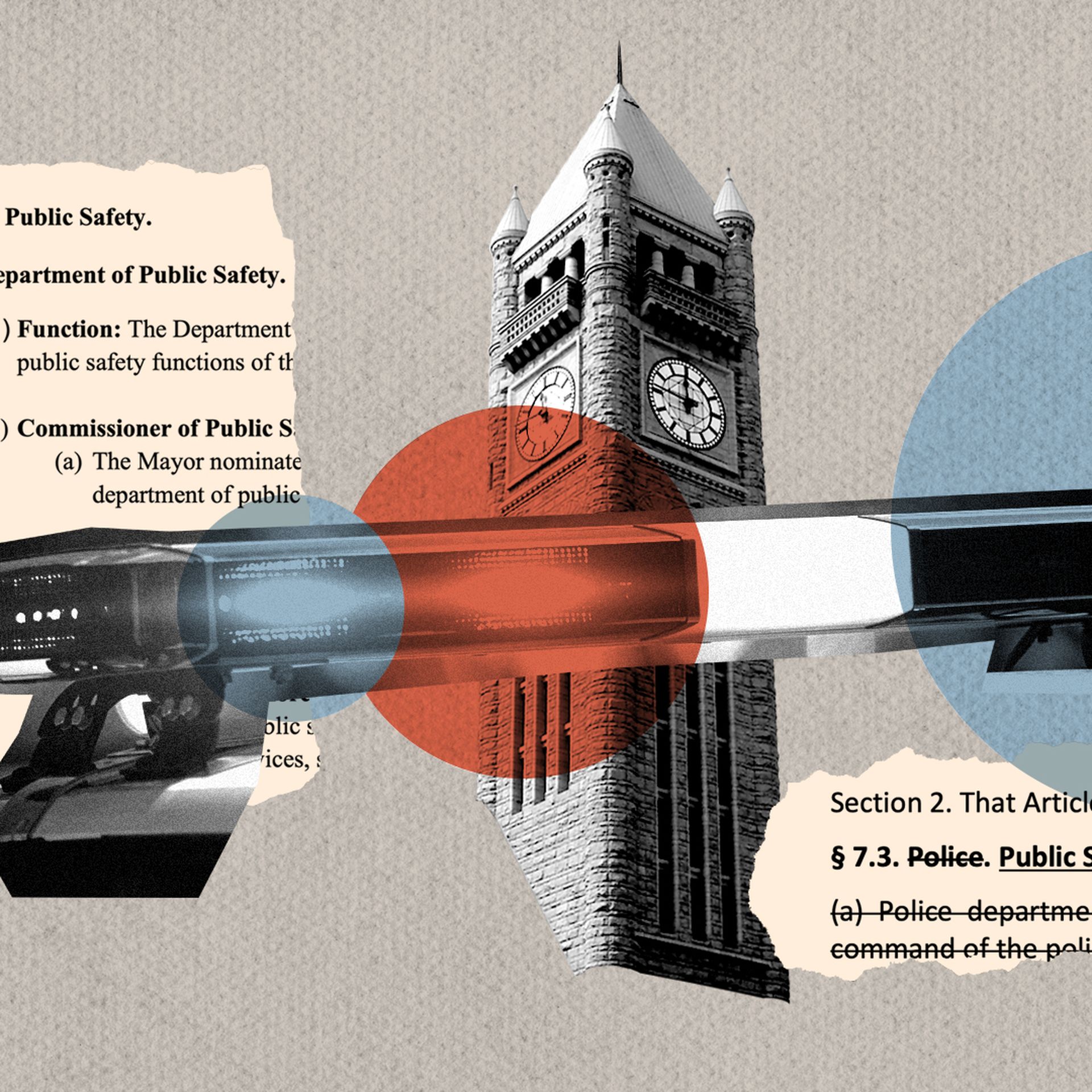 An illustration of a gun, text of police reforms and city hall 