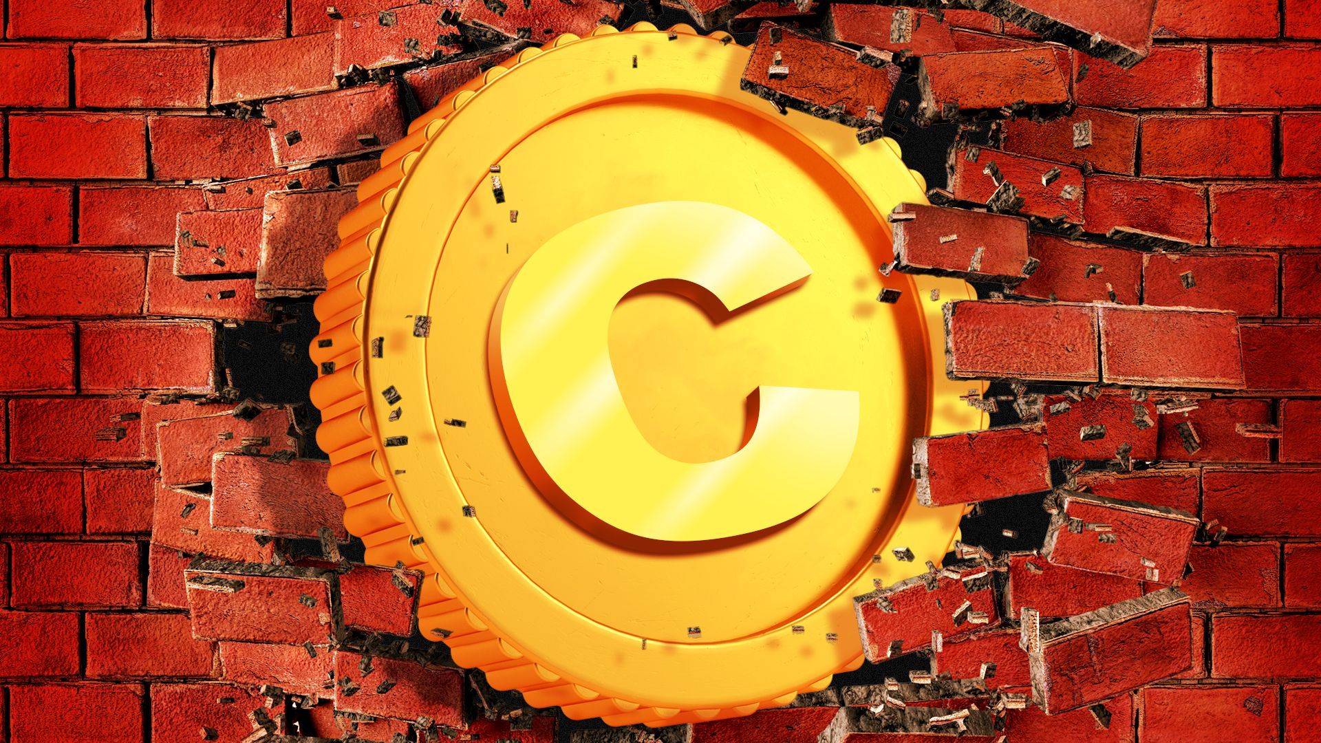Illustration of a golden coin with a "C" on it bursting through a brick wall