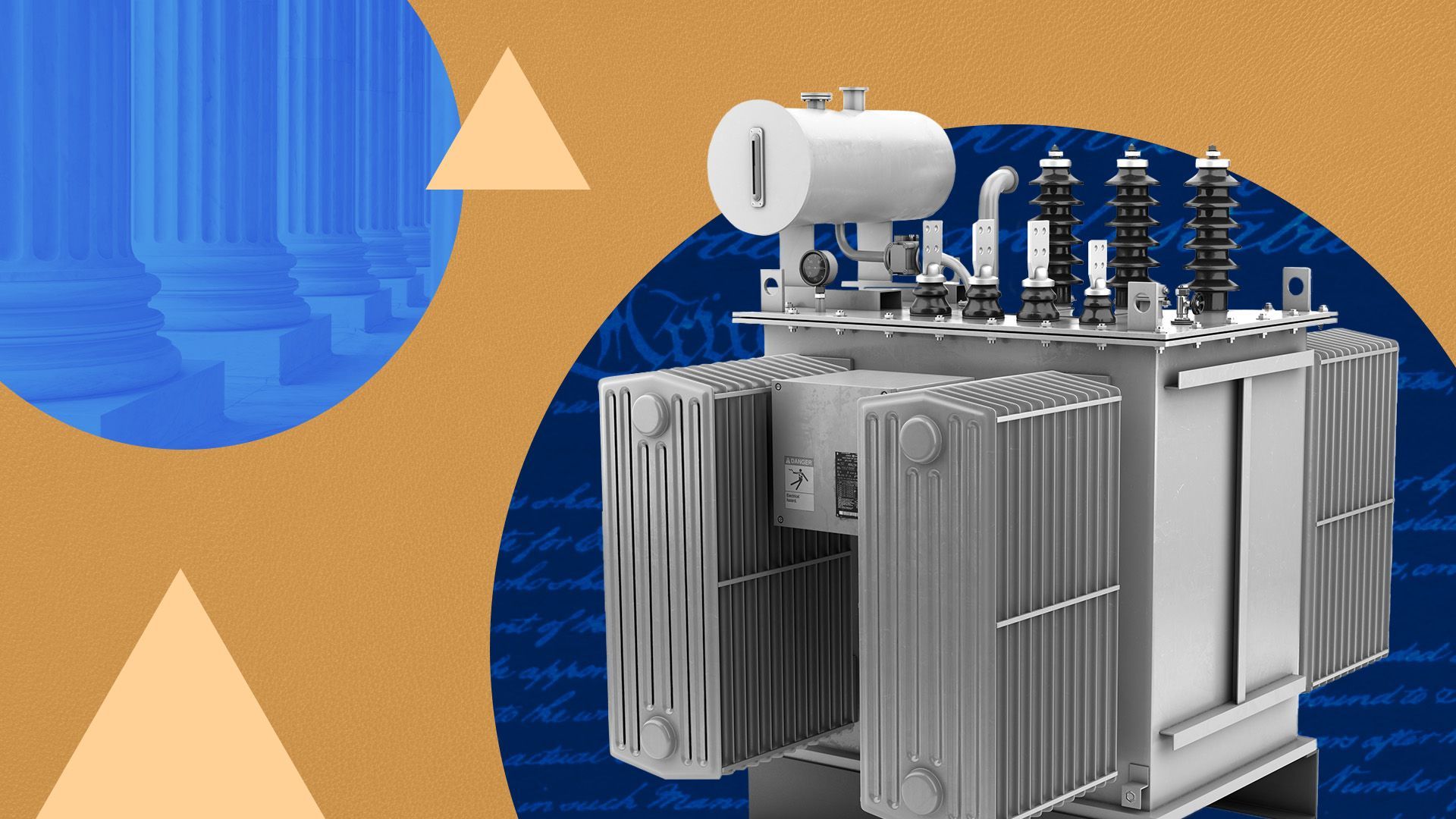 an illustration of an electrical transformer surrounded by shapes and cutouts of legal text
