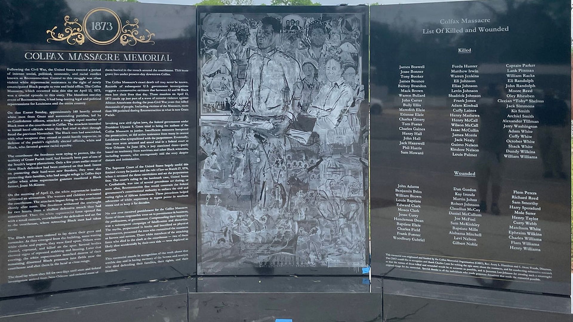 A new memorial of the Colfax Massacre sits in Colfax, Louisiana.