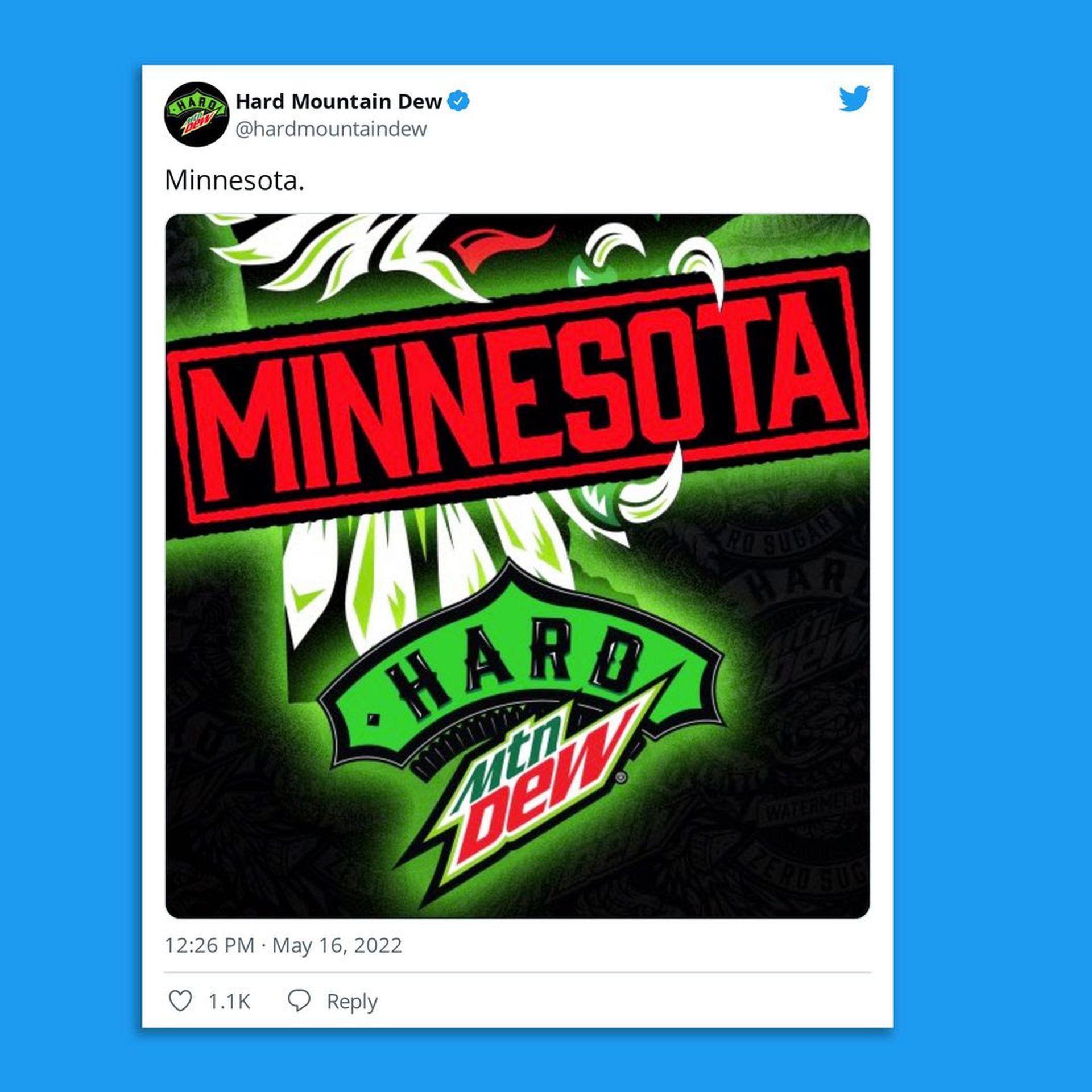 A screenshot of Hard Mountain Dew's Twitter announcement that the beverage will be available in Minnesota.