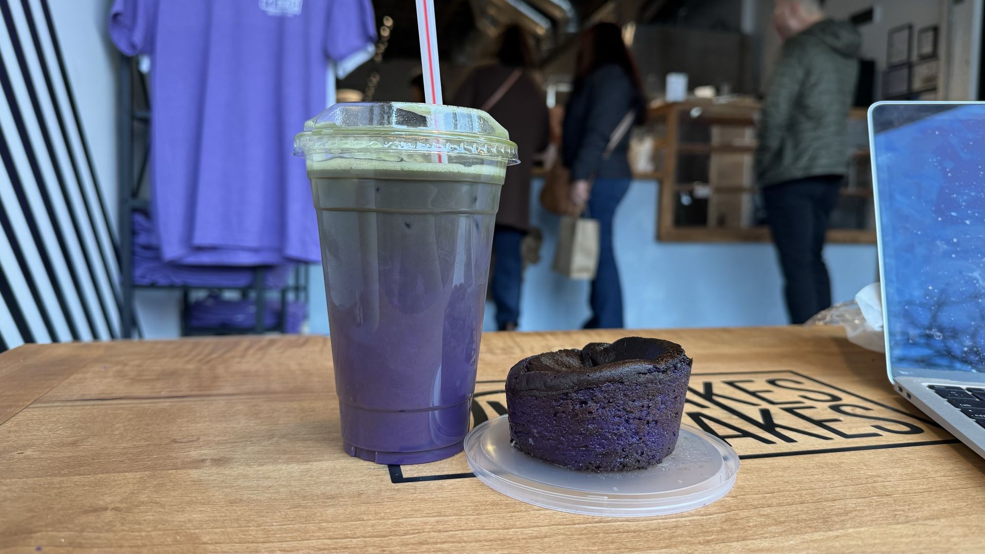 The drink and cheesecake, both purple.