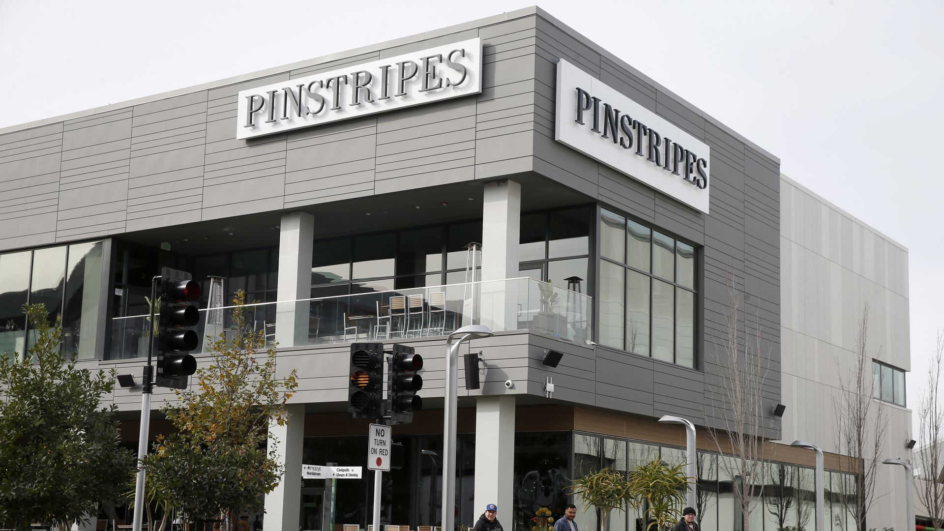 The exterior of Pinstripes, a bowling, bocce and bistro entertainment center.