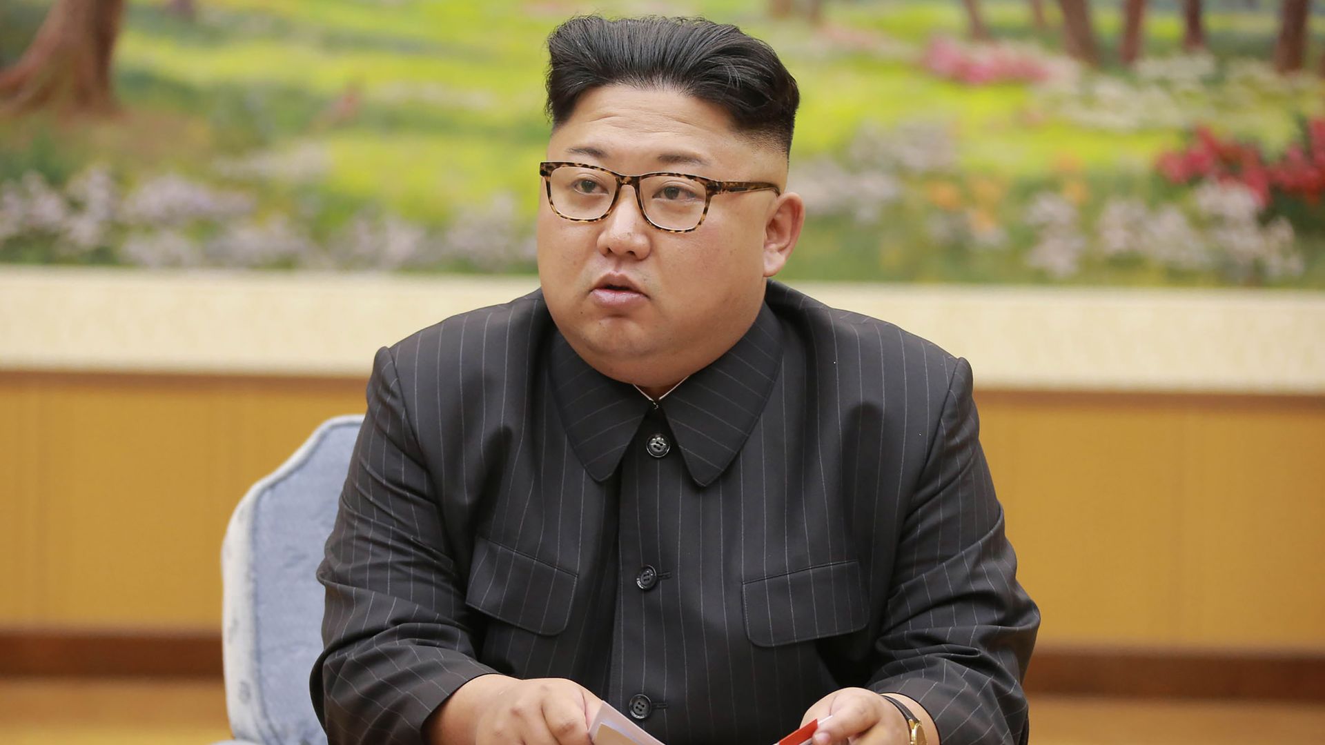 This picture taken on September 3, 2017 2017 shows North Korean leader Kim Jong-Un attending a meeting with a committee of the Workers' Party of Korea about the test of a hydrogen bomb.
