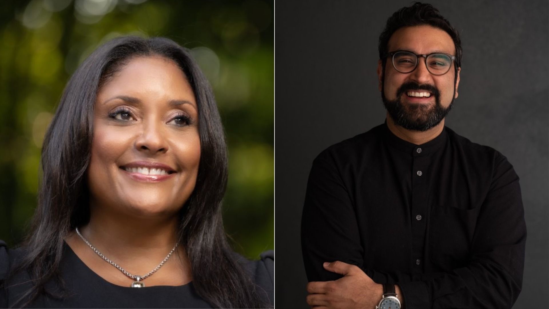 Portrait of a smiling woman with straight hair and a silver necklace outdoors and a smiling man with glasses, beard, and black shirt crossing his arms against a dark background.