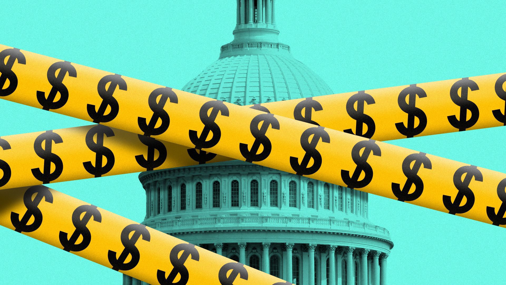 Illustration of caution tape with dollar signs on it covering the Capitol Dome