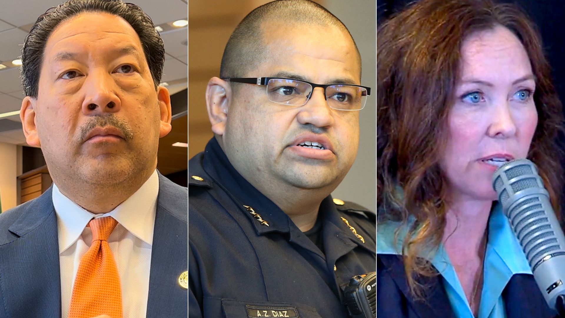 Seattle Mayor Bruce Harrell, interim Police Chief Adrian Diaz and City Attorney Ann Davison.