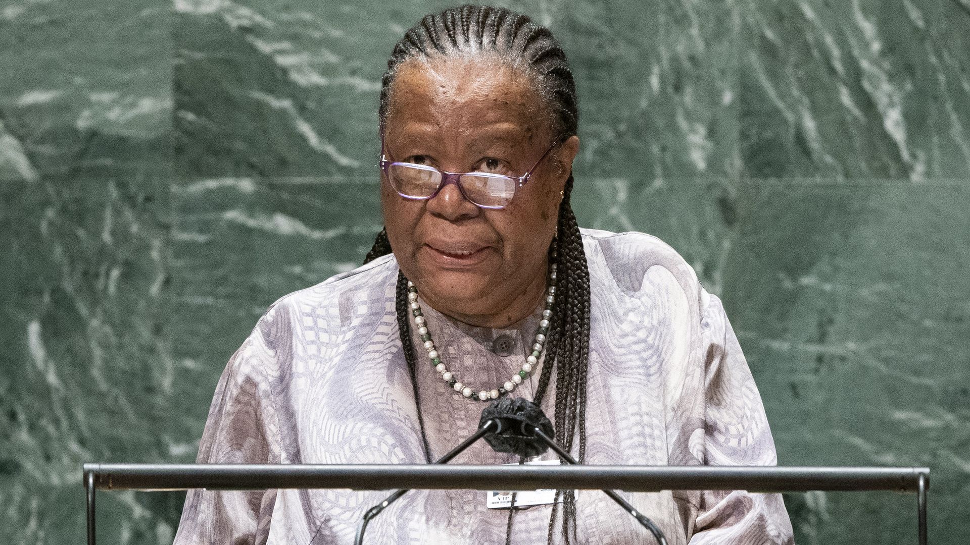  South Africa's Minister of International Relations and Cooperation Naledi Pandor addresses the 76th Session of the U.N. General Assembly on September 22, 2021 in New York City.