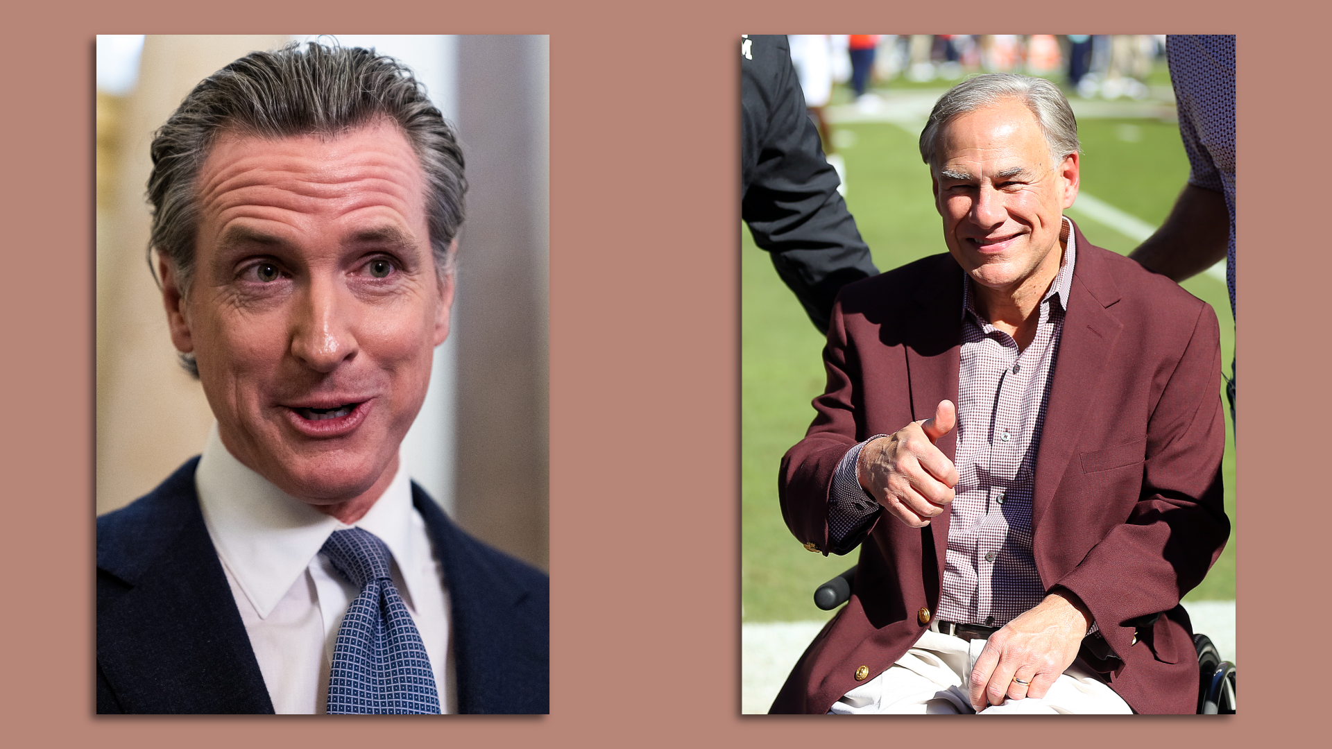 Gavin Newsom grinning and Greg Abbott giving a thumbs up