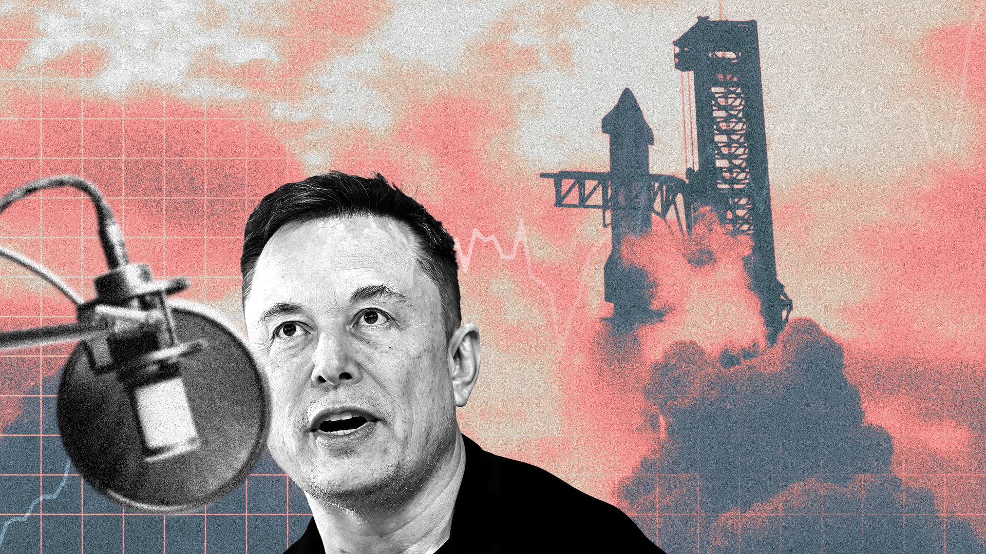 Photo illustration of a collage featuring Elon Musk speaking into a podcast microphone, with a stock chart and a rocket launch behind him.