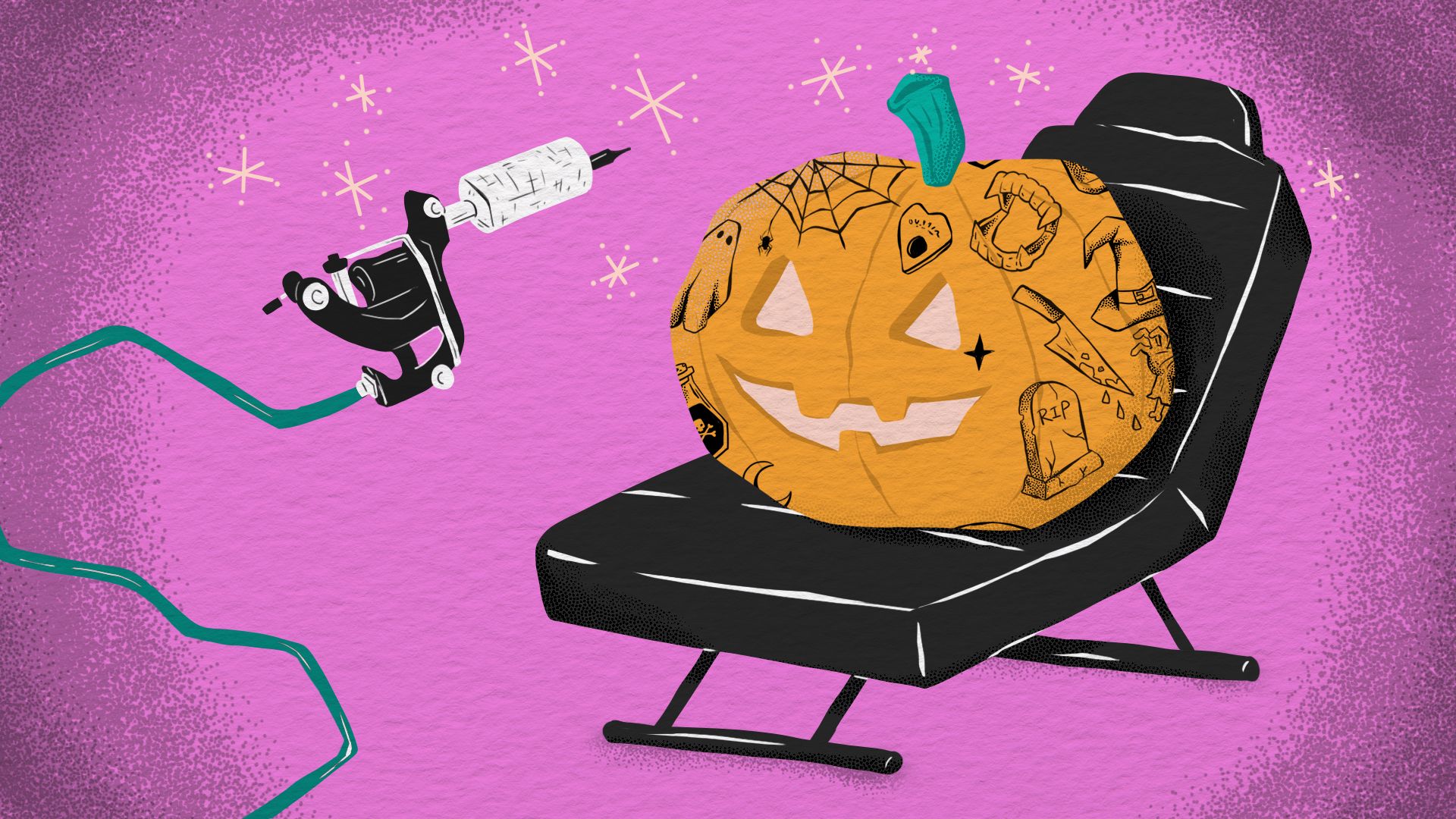 Illustration of a pumpkin with tattoos sitting next to a tattoo machine.
