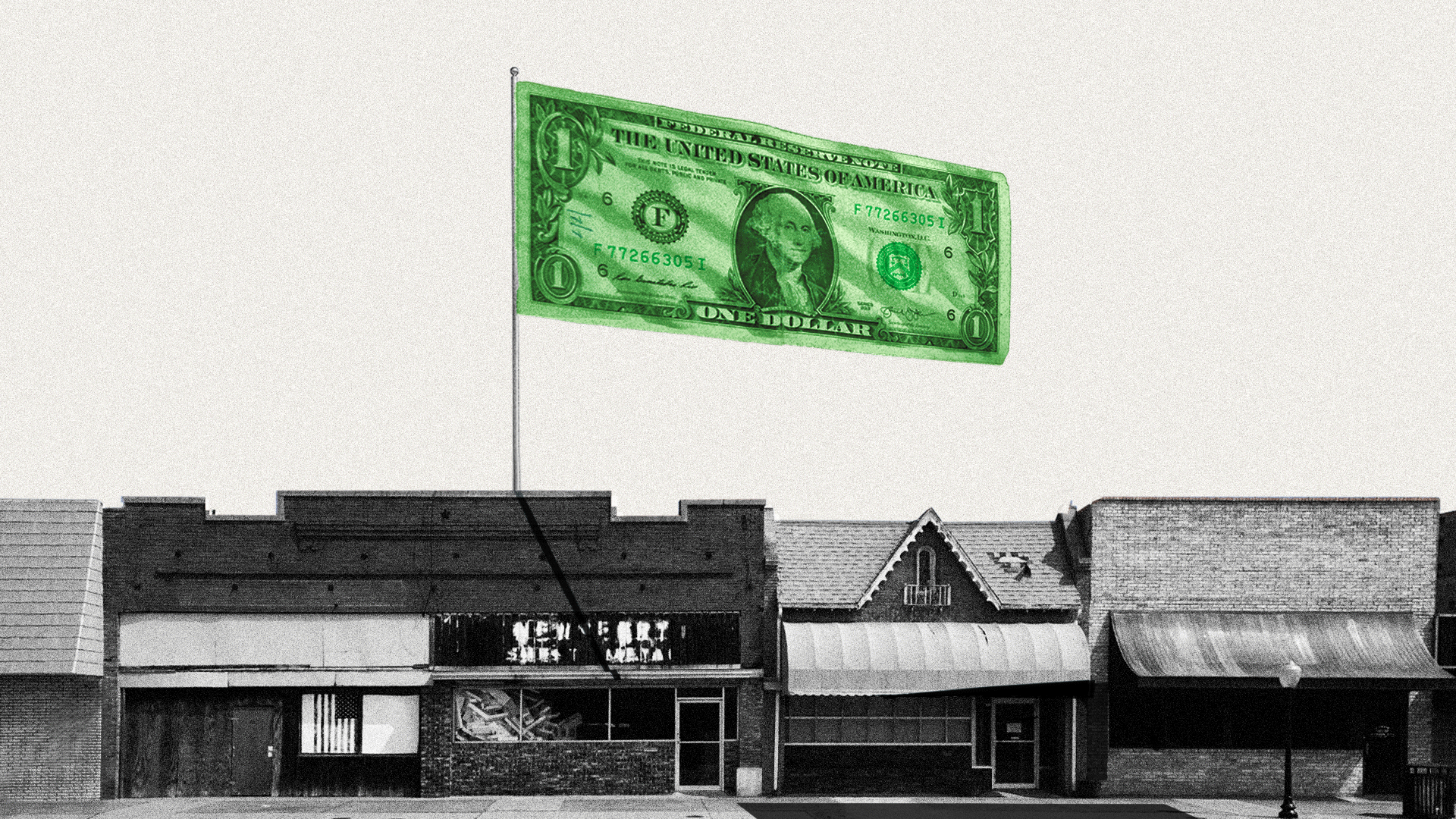 Illustration of a dollar bill as a flag, flying over a shuttered main street