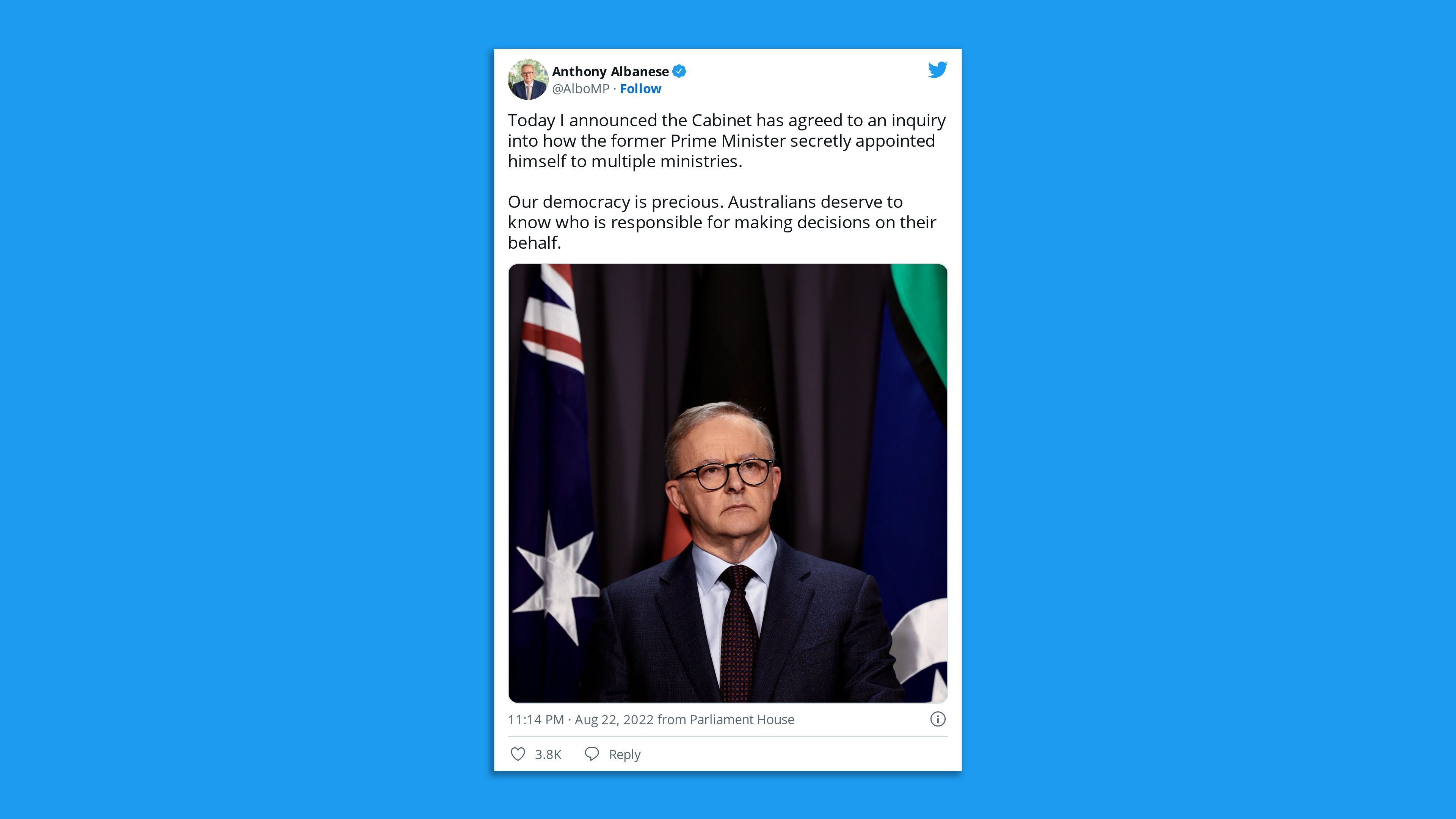 A screenshot of Australian Prime Minister Anthony Albanese's tweet announcing an inquiry into his predecessor Scott Morrison.