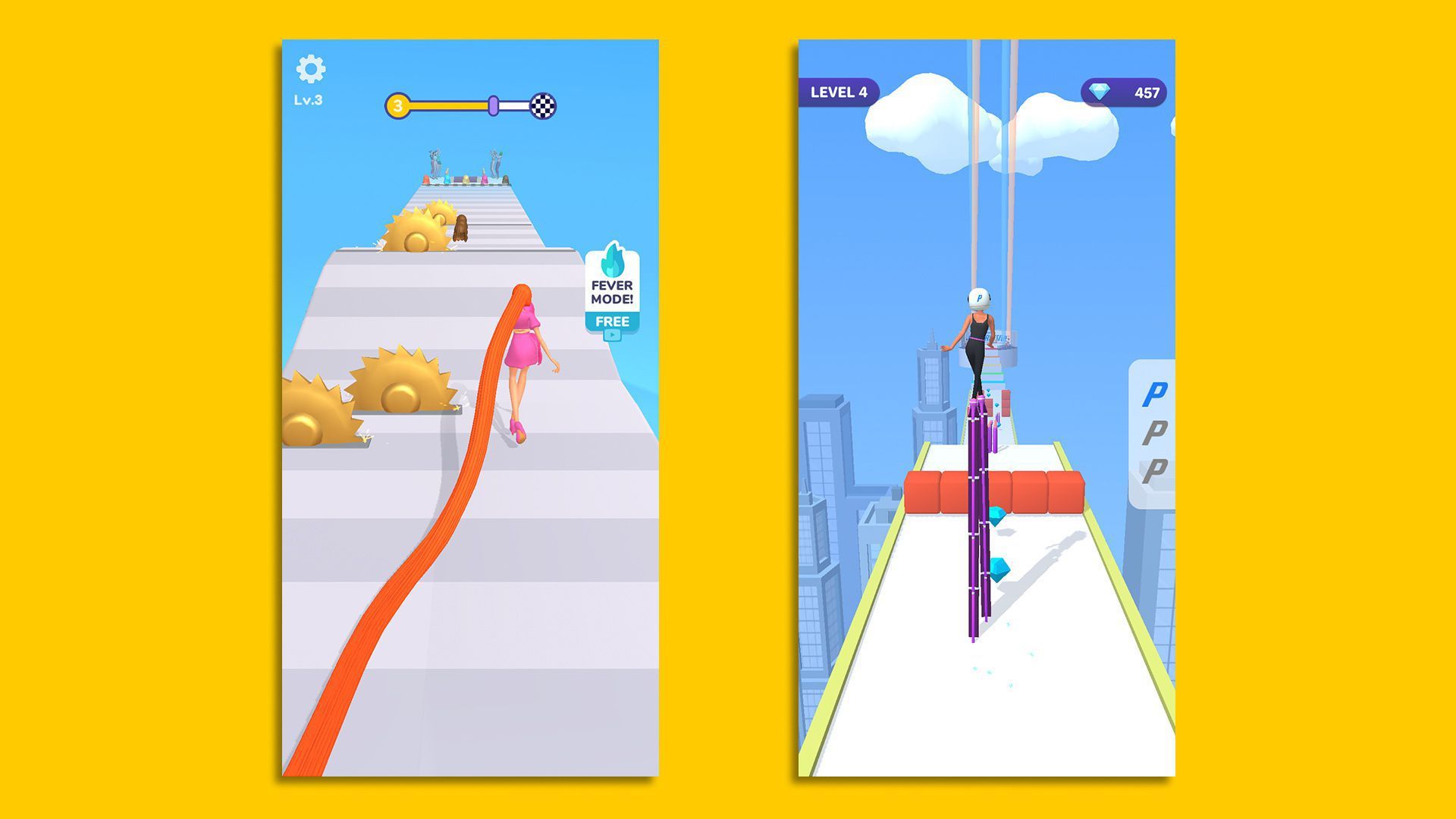 Video game screenshots of mobile games that involve a woman walking with long hair trailing behind her and a woman walking on high heels that are as tall as stilts