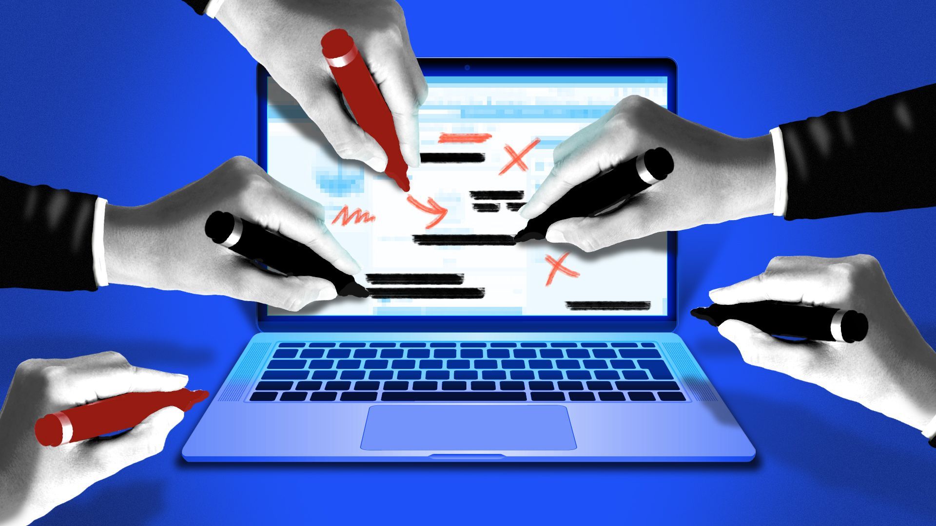 Illustration of hands with markers crossing out content on a laptop screen