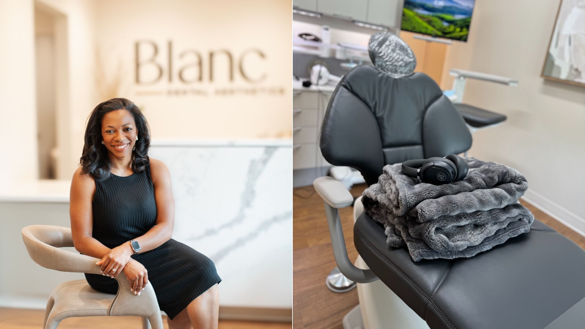 Two-panel scene: left shows a smiling Black woman in a black sleeveless dress seated in a cream chair at a reception with a blurred "Blanc" sign behind. Right shows a dental chair with a gray blanket and headphones on it.