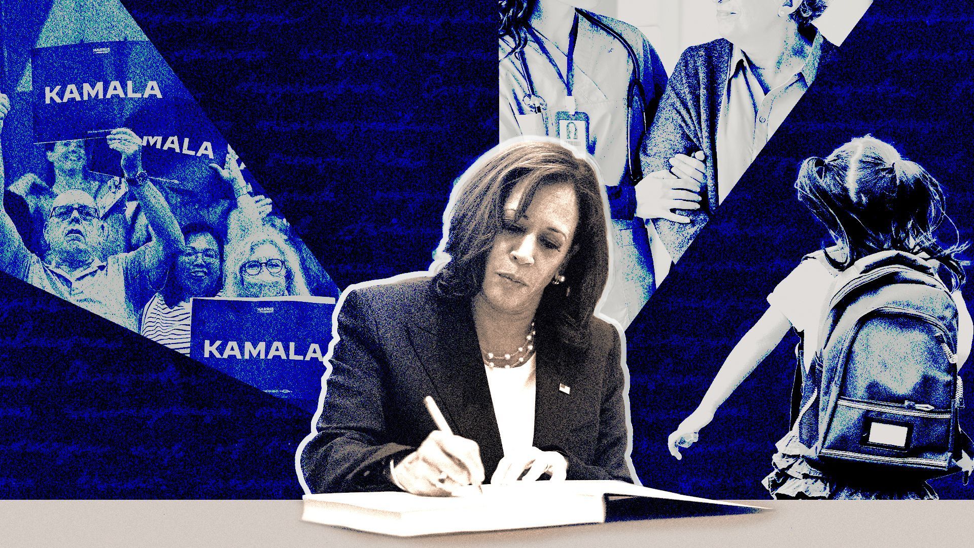 Photo illustration of Kamala Harris writing surrounded by a photo of supporters, and imagery of Biden's agenda.
