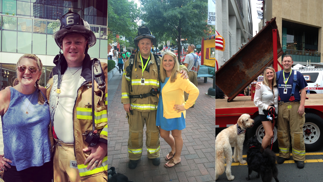 Three images show a firefighter in tan gear and helmet with a woman in different outfits. In the third, two dogs are present beside them near a steel beam display.