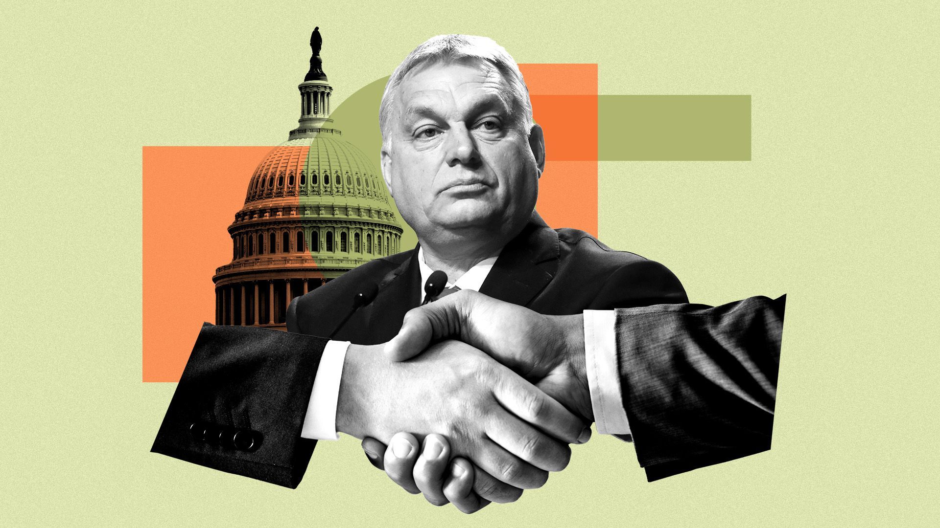 Photo illustration of Hungarian Prime Minister Viktor Orban behind two shaking hands and the Capitol Dome