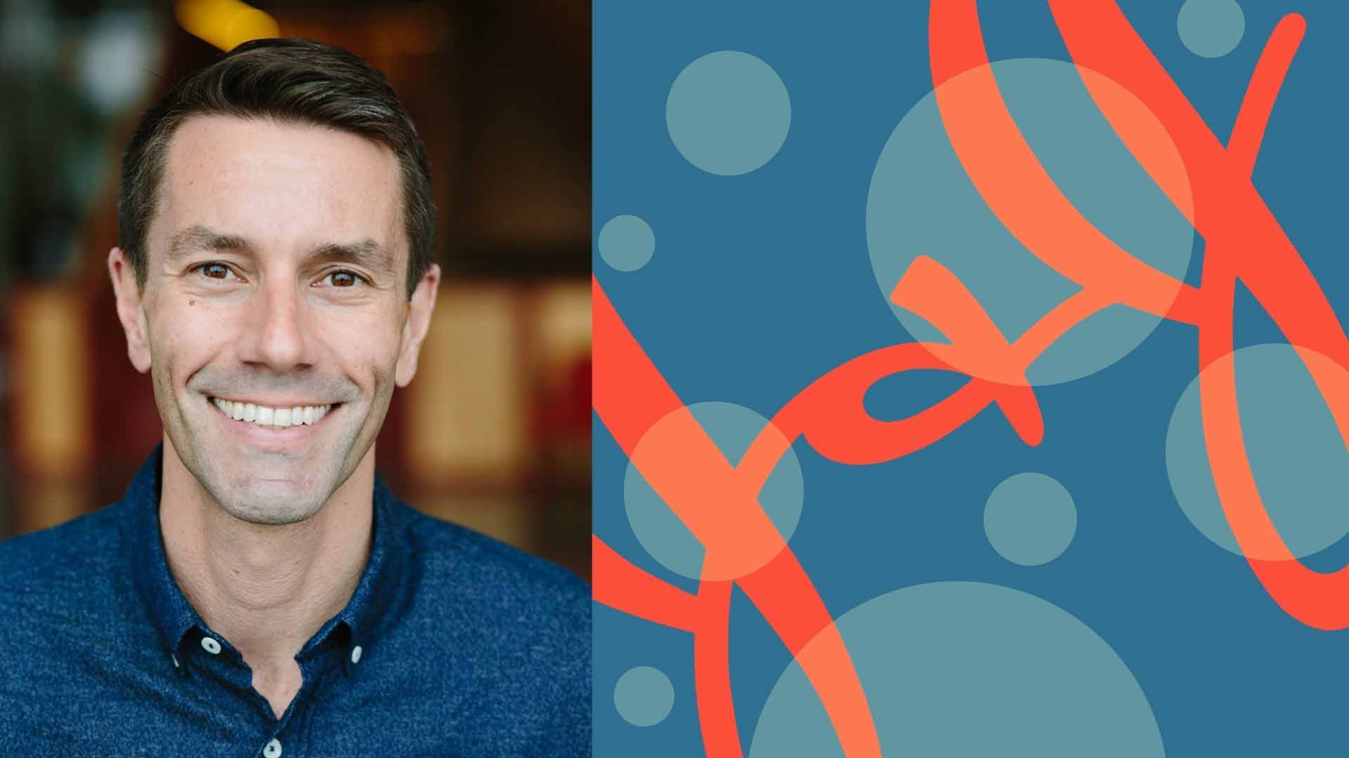 Photo illustration of vice president of communications for Johnson & Johnson Andrew Blotky next to the company logo and various circles