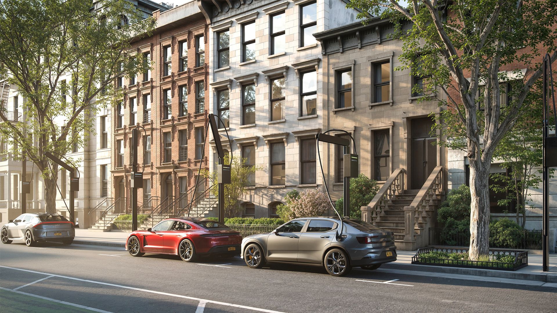 Rendering of a New York streetscape feature Gravity's charging "trees" for electric vehicles: tall poles with a maneuverable arm that swivels out of the way when charging is completed.
