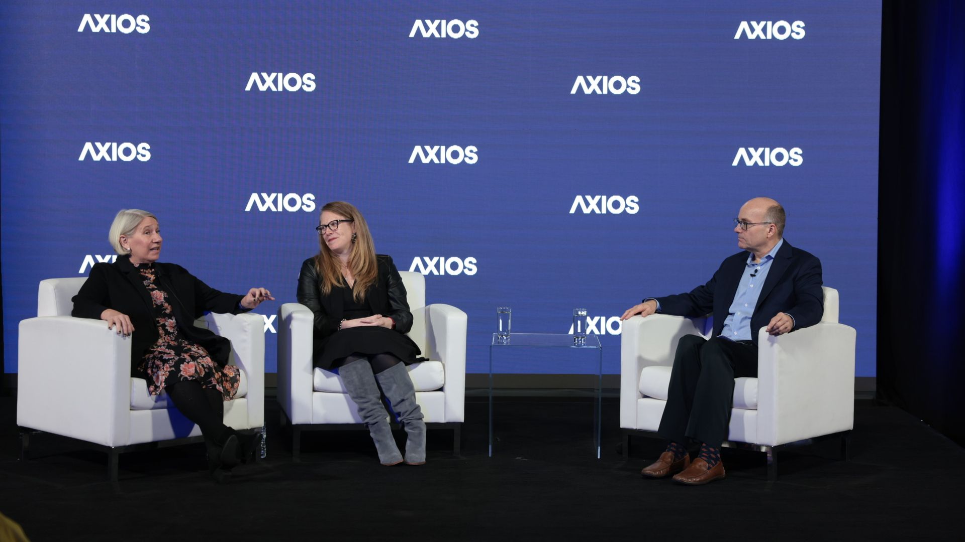 Photo of Axios' Mike Allen interviewing Jen O'Malley Dillon and White House Senior Advisor and Assistant to the President Anita Dunn.