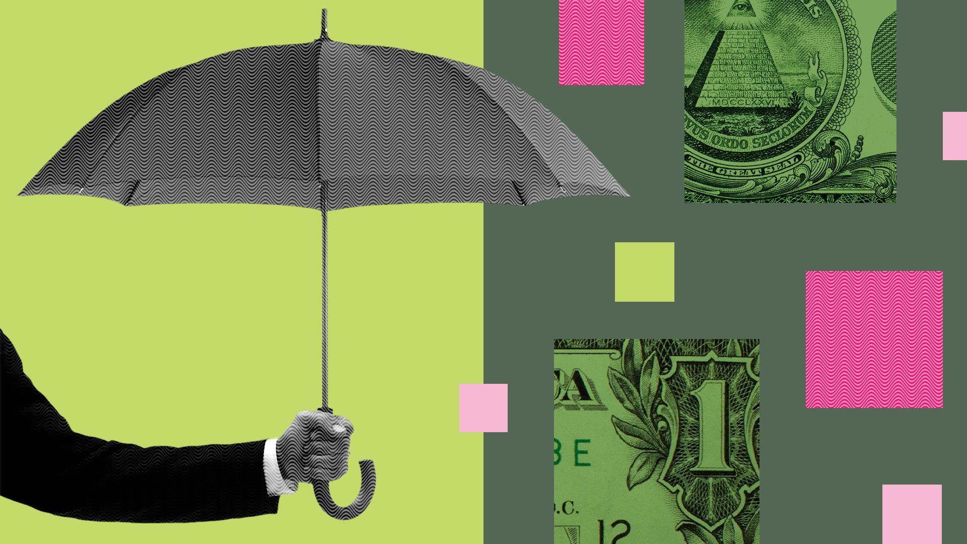 an illustration of an umbrella surrounded by squares and cutouts of money