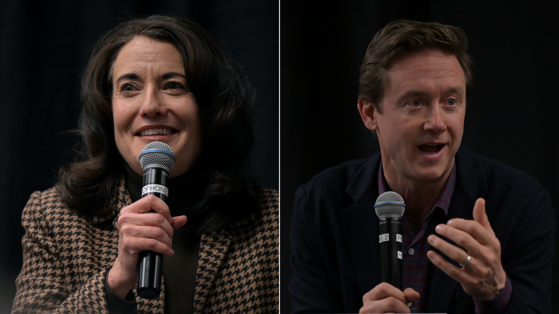 Denver mayoral candidates Kelly Brough, left, and Mike Johnston at a Feb. 23 forum. Photos: Hyoung Chang/Denver Post