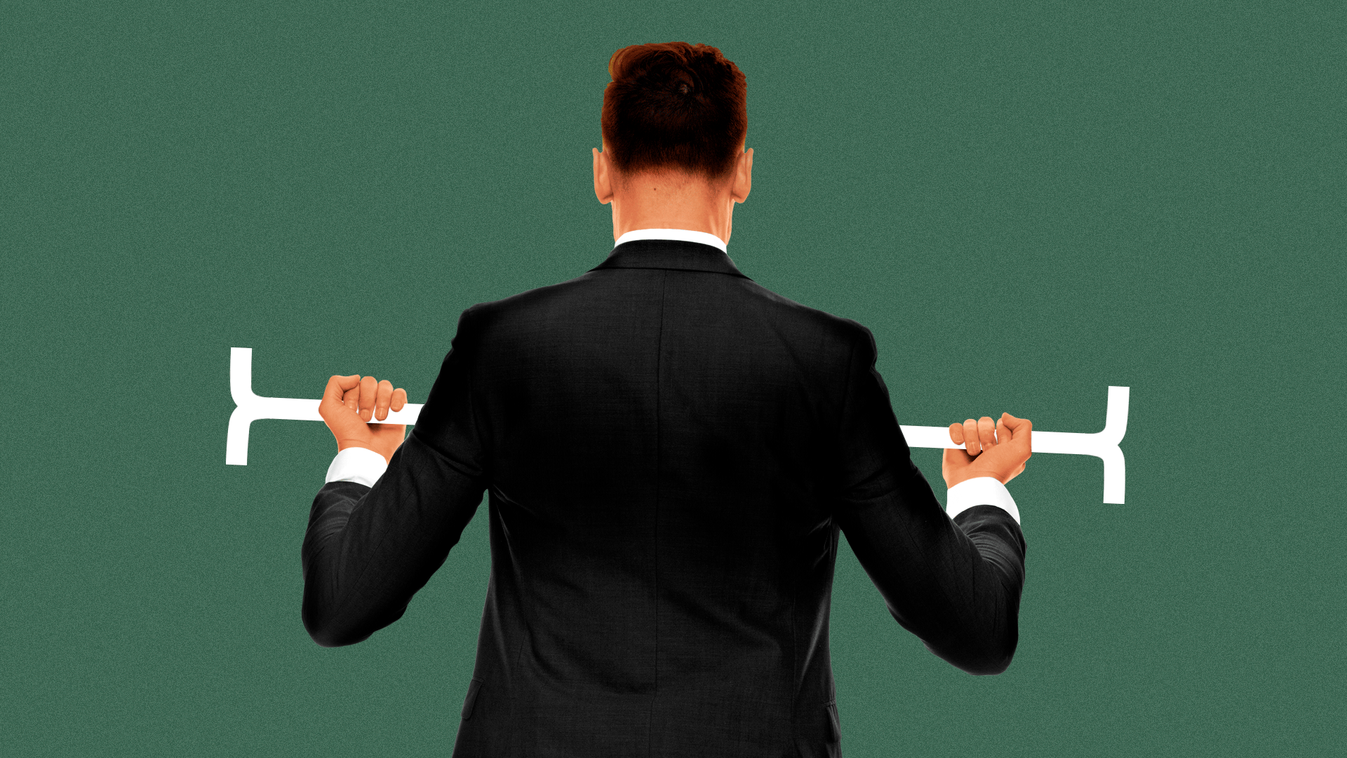 Animated GIF of a man in a business suit lifting a weight in the shape of a blinking cursor