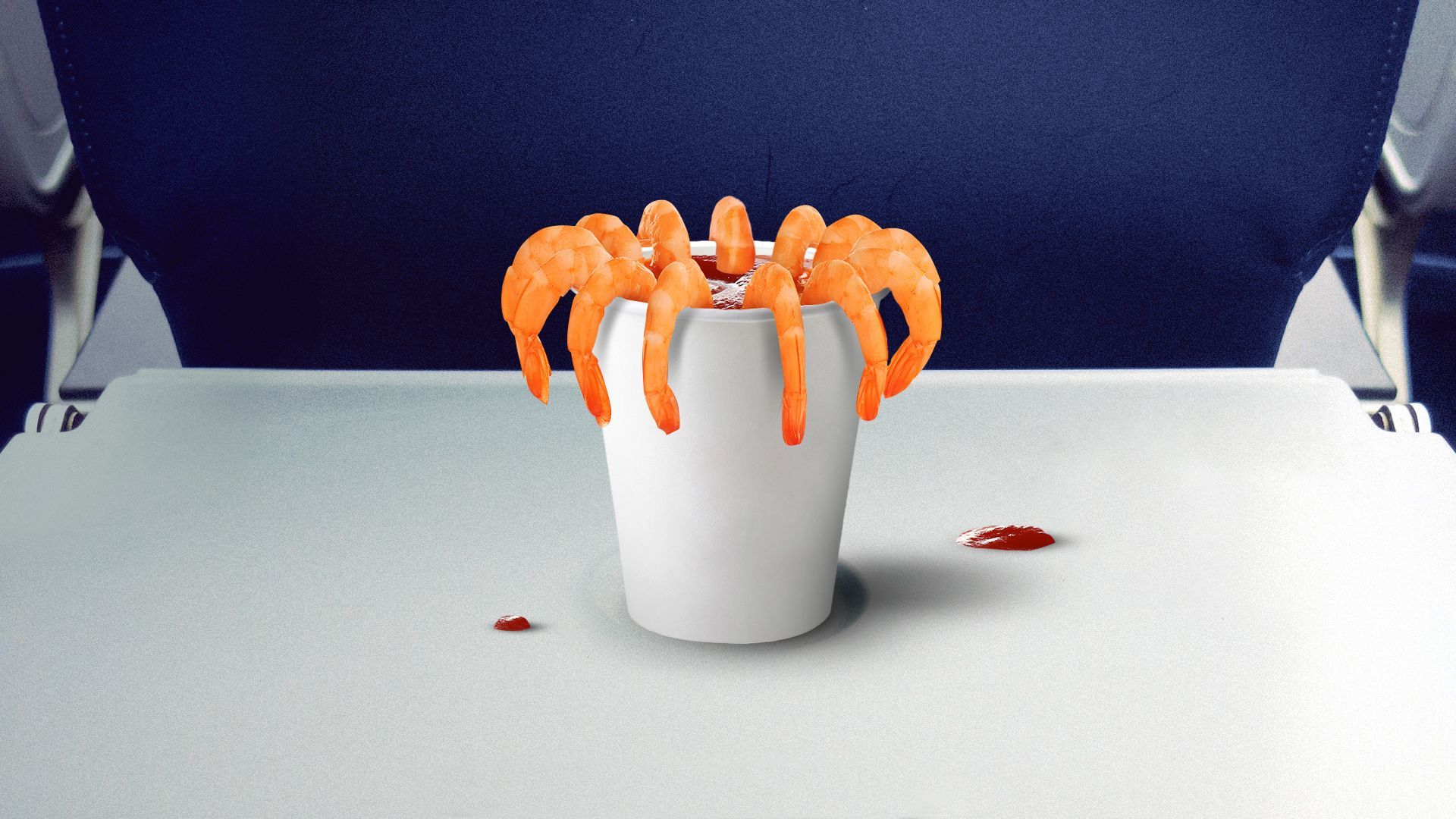 Illustration of cocktail shrimp in a paper cup on a pull down airplane table tray.  