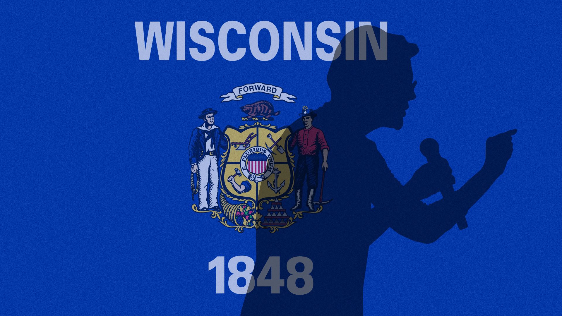 Illustration of Elizabeth Warren's shadow casting over the state flag of Wisconsin.