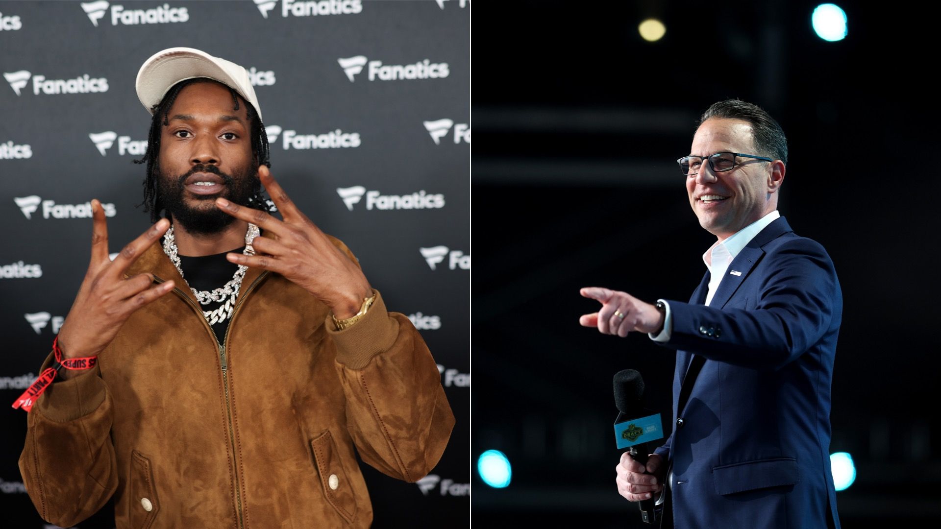 Left to right: Rapper Meek Mill throwing up peace signs; Gov. Josh Shapiro smiling and pointing to the crowd at the 2026 NFL Draft in Pittsburgh.