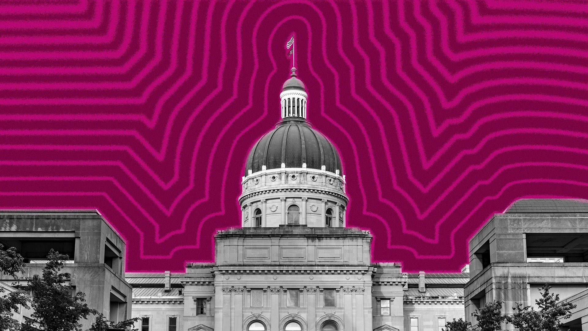 Photo illustration of Indiana state capitol building, with radiating lines.